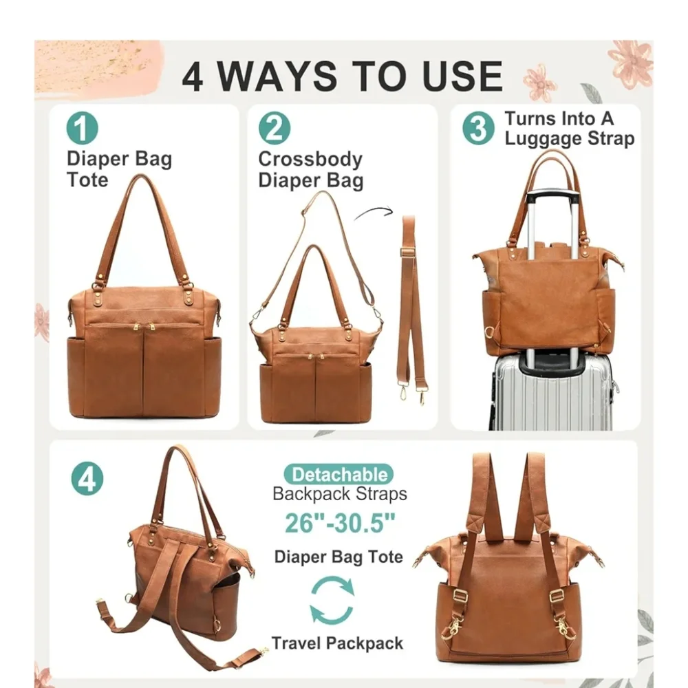 Elegant Brown Leather Tote diaper bag